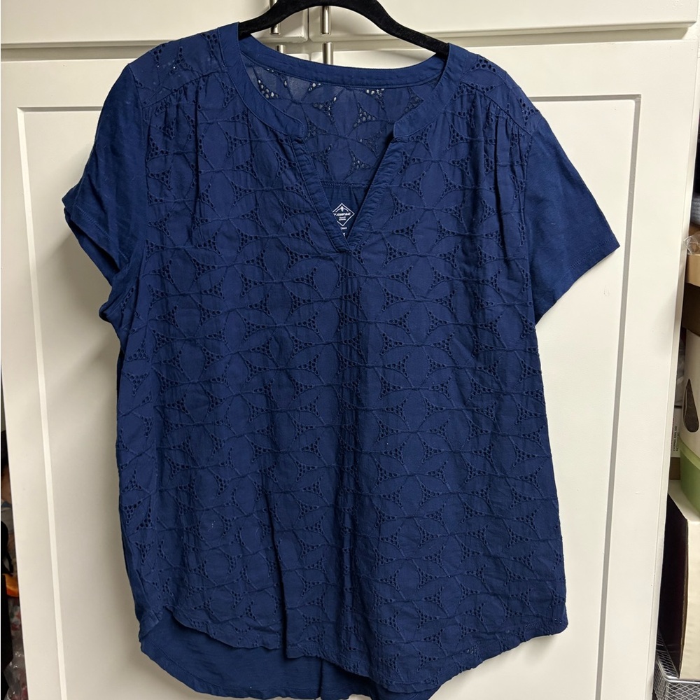 St John’s Bay Navy Short Sleeve Holy V-neck lined Short Sleeve Top Sz OX